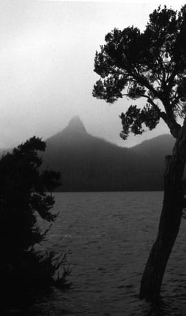 mt_ida On a cold morning of grey skies and low cloud, the pinnacle of Mt Ida risis into the mist. Photographed from Echo Point on the western shore of Lake St Clair, the mountain is in the Cradle Mountain-Lake St Clair National Park.