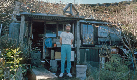 Simon Flynn outside his Crater Cove home, 1987.