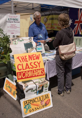 fiona Fiona Campbell has a chat with Barry at his water tanks and container garden stall.