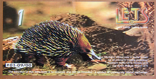 Local_currency_LETS6 The echidna is found is the forests of northern NSW where it digs for insects with its lng snout. It is another of the lcoal wildlife to appear on the notes.