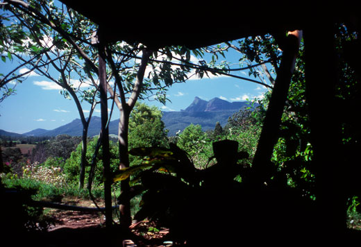 Tyalgum-view_day There could be no complaint about the view from the cow bails that were home to Jeff and his family. To the south east lies the prominent peak of Mt Warning, first place in Australia to catch the morning's light. It was worth waking up to watch the peak turn a rosy red as first light made contact with it and to watch the glow of morning move downwards to illuminate the slopes and valley below.