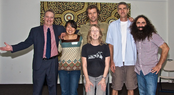 LS6 From left... Randwick Mayor, Murray Matson; trainer and photovoltaics expert, Susie Hunter; Sustainable Gardening course trainer, landscape architect Steve Batley; Council courses coordinator, Fiona Campbell (front); Sustainable Gardening course trainer, Rob Alsop.