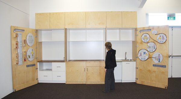 RCC7 The kitchenette is made of Australian hoop pine ply, recycled hardwood working surfaces and zero-VOC (volatile organic compound) melamine. A water efficient tap and dishwasher complements the sustainable materials.