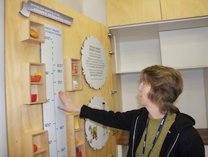 RCC8 The doors of the kitchenette feature educational displays for use by adults and visiting school groups. This one demonstrates the volume of 'virtual' water embodied in the production of different foods.