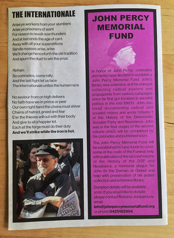 The program distributed at John Percy’s funeral — back page.