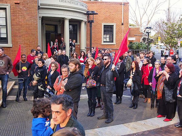 The crowd moved outside to farewell John.