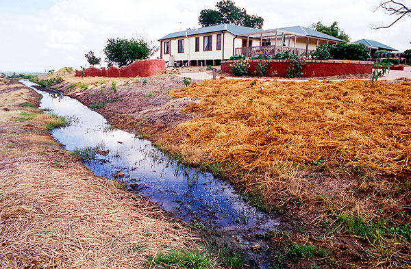 A swale water retention trench in the educational permaculture garden at Calmsley Hill City Farm in south western Sydney, seen here under construction. The installation was an Urban Landcare project designed by Sydney permaculture designer, Bronwyn Rice.