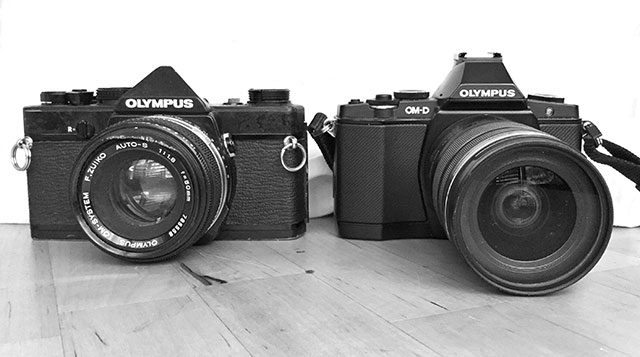 Size comparison: The OM film camera at left, compared to the digital OM5D.